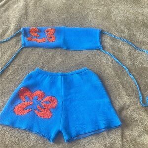 NEVER WORN Blue Knit Two-Piece Set with orange Floral Design